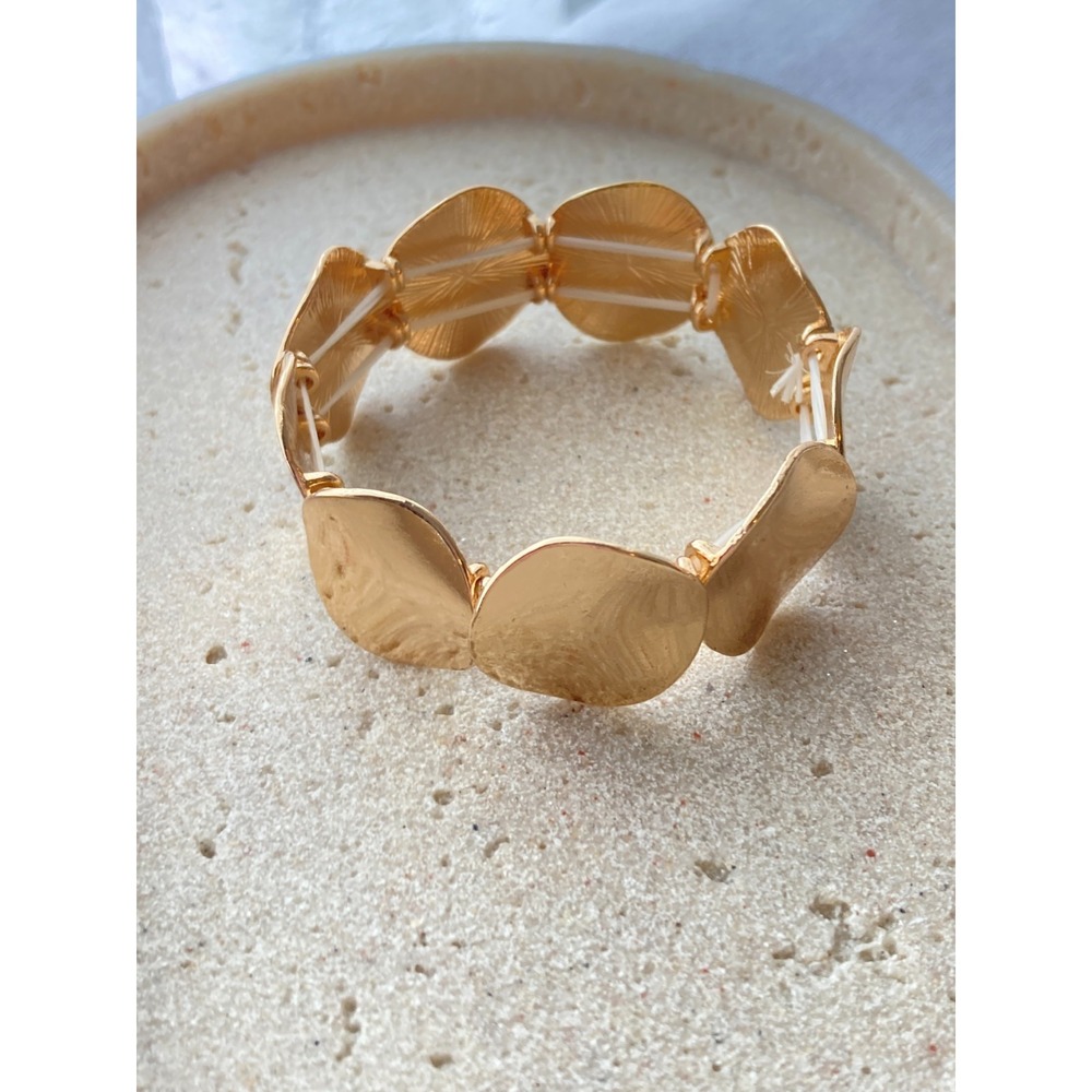 Gold Tone Hammered Stretch Bracelet Coin Disc Wide Slip On Couture‎ Modernist